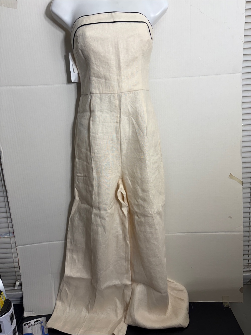 Mango Strapless Cream Jumpsuit with Navy Trim STRAPLESS LINEN JUMPSUIT 7152
